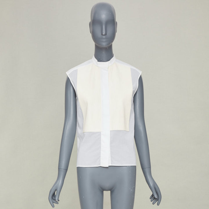 HERMES white pleated lambskin leather bib hidden button sheer cotton top FR34 XS