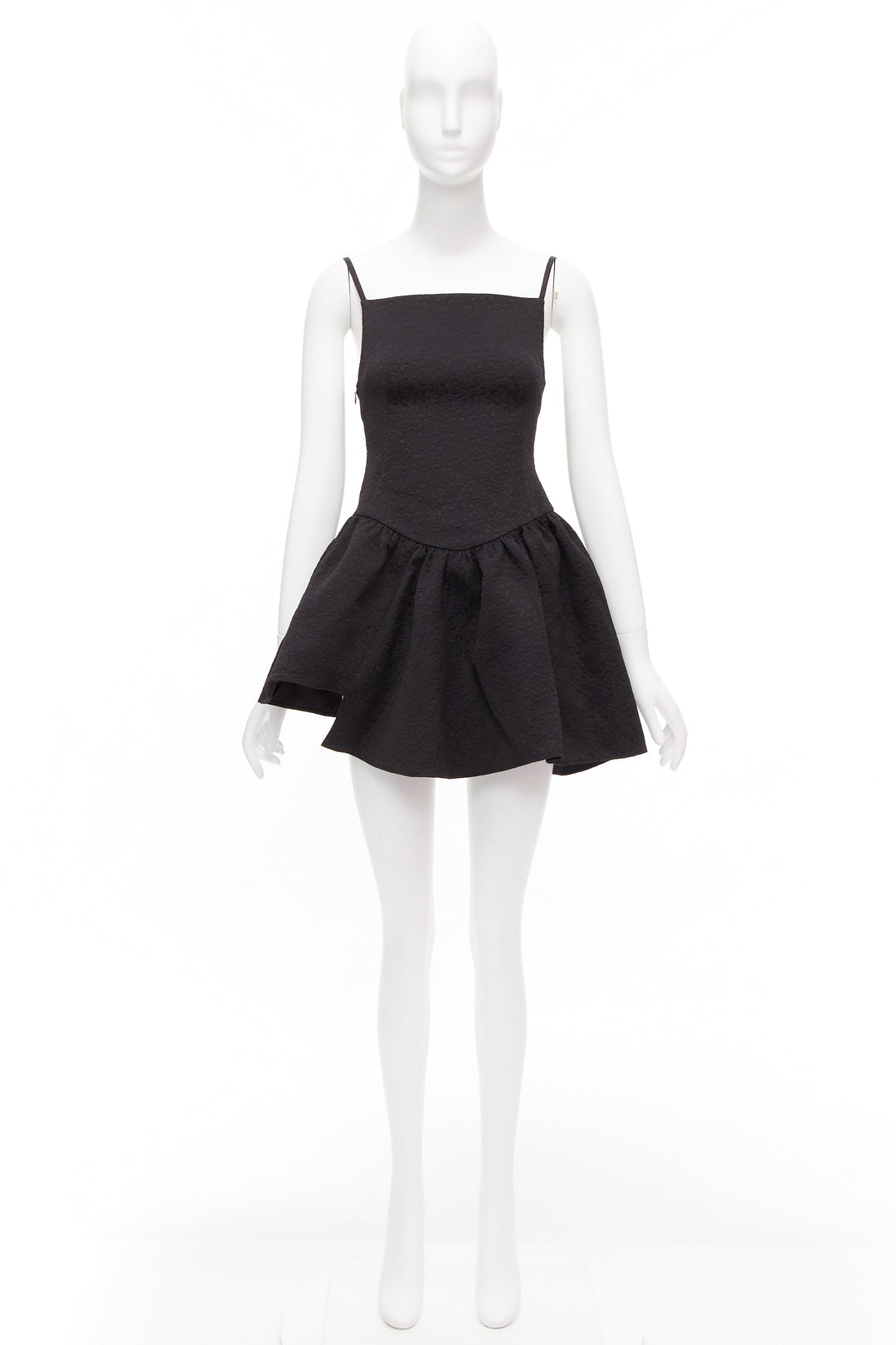 SHUSHU TONG black floral cloque spaghetti strap flounce skirt mini dress UK6 XS