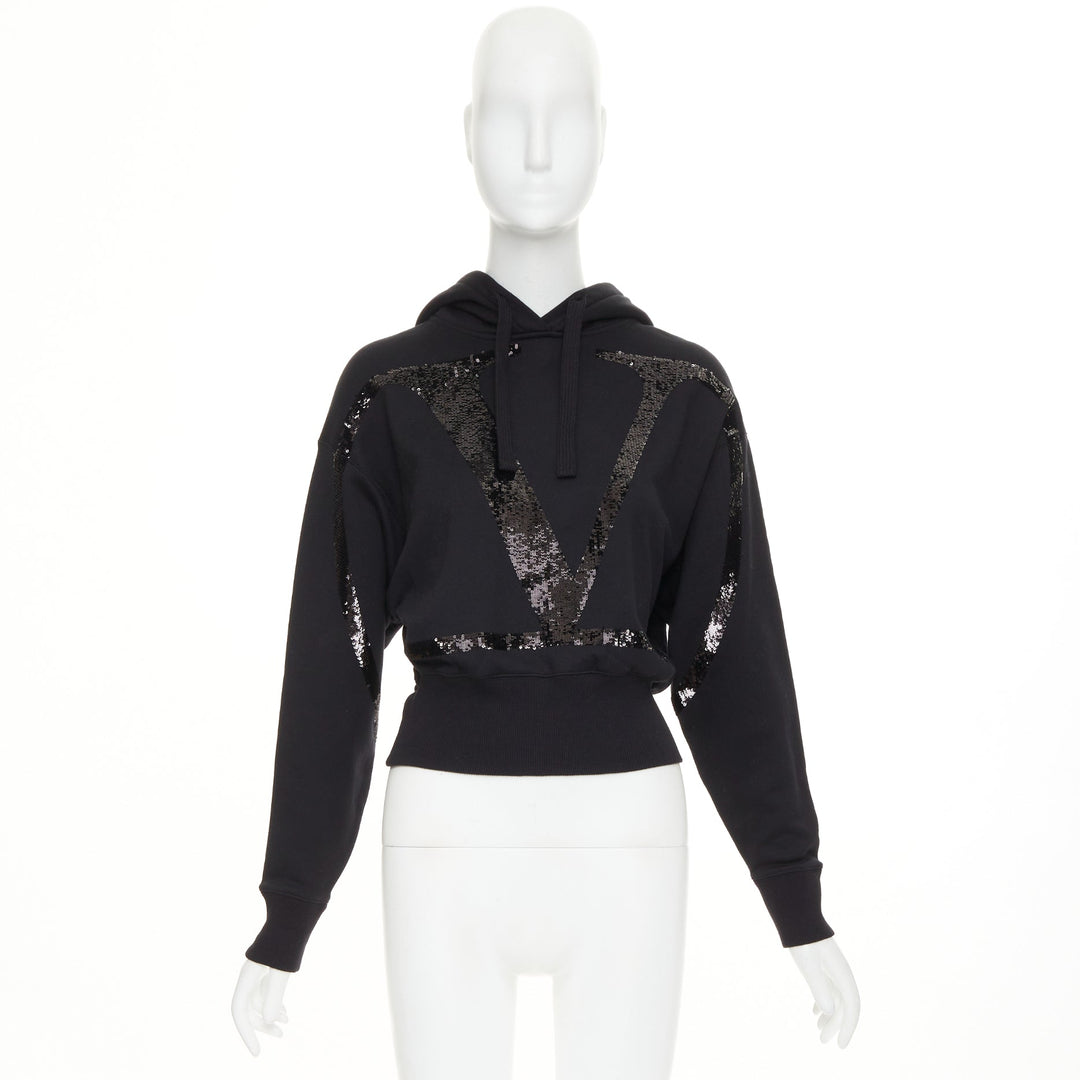 VALENTINO black cotton blend VLogo Signature sequin cropped hoodie XS