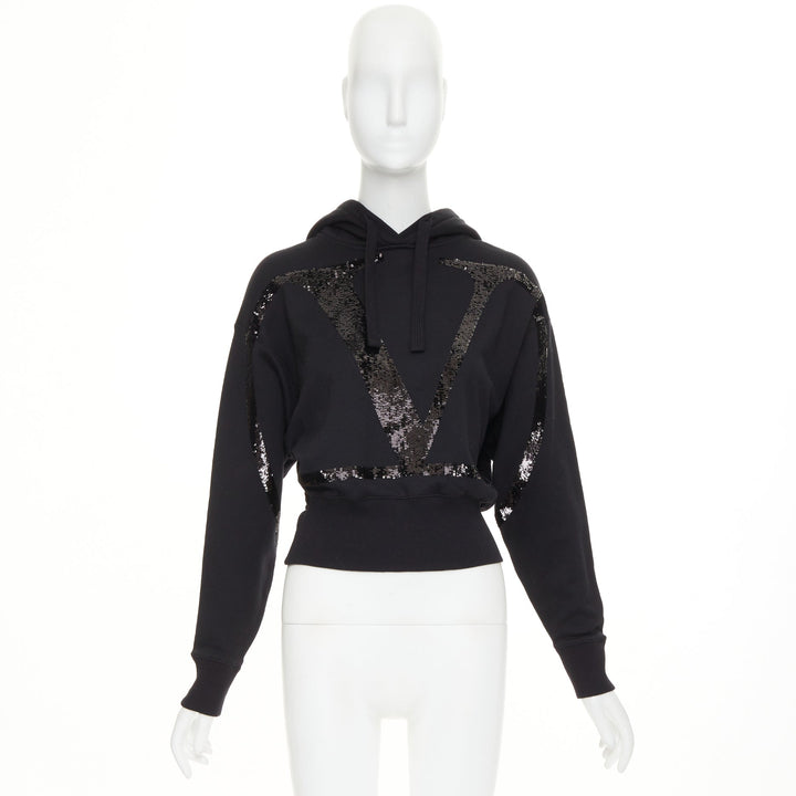 VALENTINO black cotton blend VLogo Signature sequin cropped hoodie XS