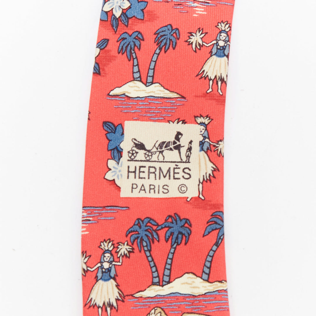 HERMES 7554 SA red blue Hawaiian hula girl fauna print silk tie