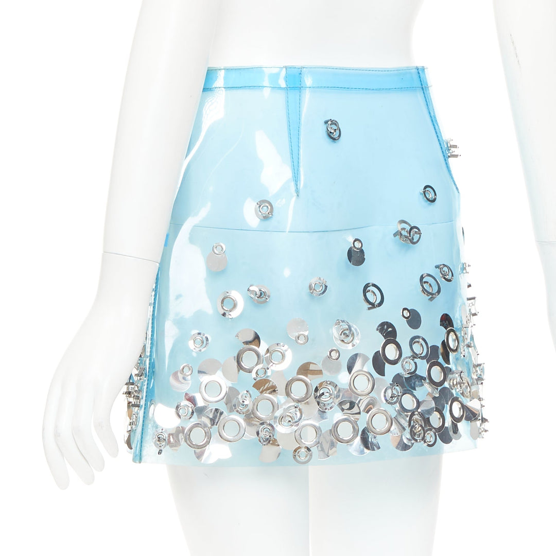 rare MIU MIU sky blue clear PVC silver sequins grommet embellished mini skirt XS