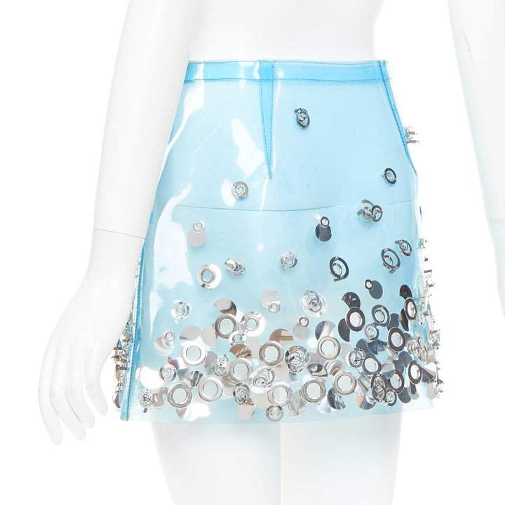 rare MIU MIU sky blue clear PVC silver sequins grommet embellished mini skirt XS