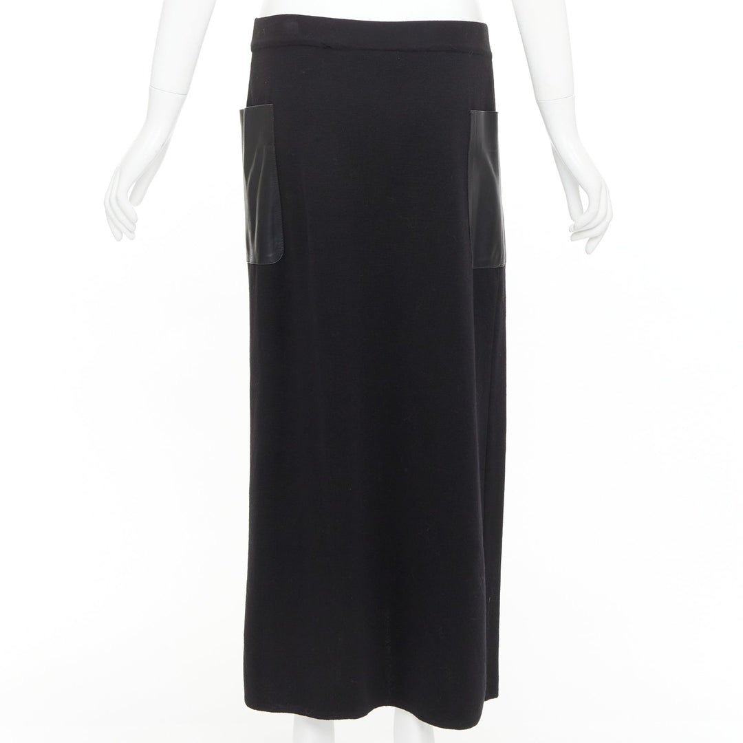 MAX MARA black leather patch pocket drape front mid waist midi skirt