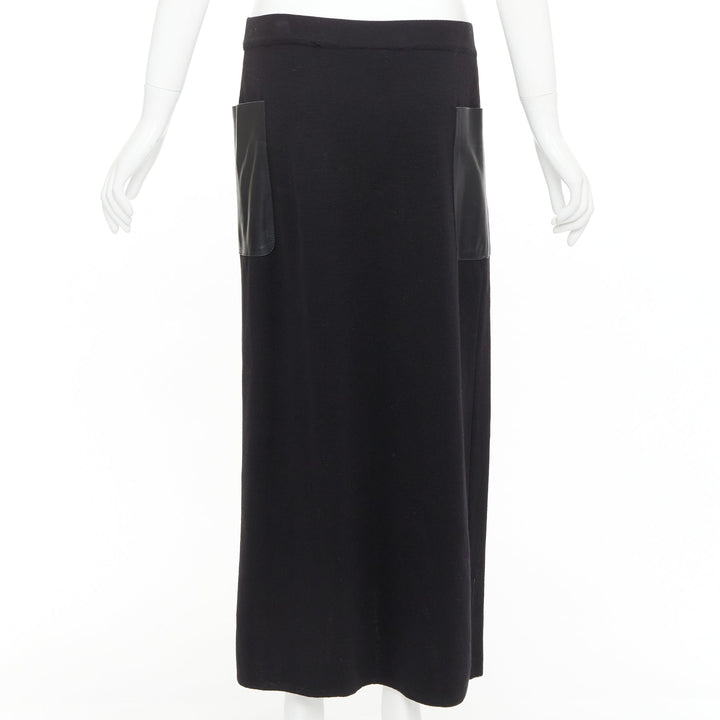 MAX MARA black leather patch pocket drape front mid waist midi skirt