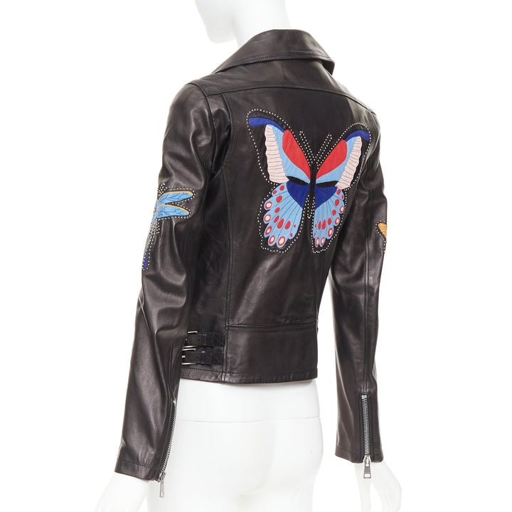 GUCCI Michele black leather bird butterfly applique studded biker jacket IT38 XS
