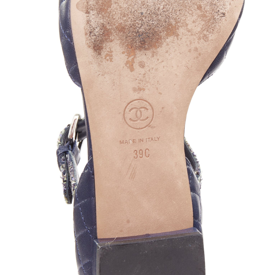 CHANEL navy quilted lambskin leather metallic tweed mary jane sandals EU39