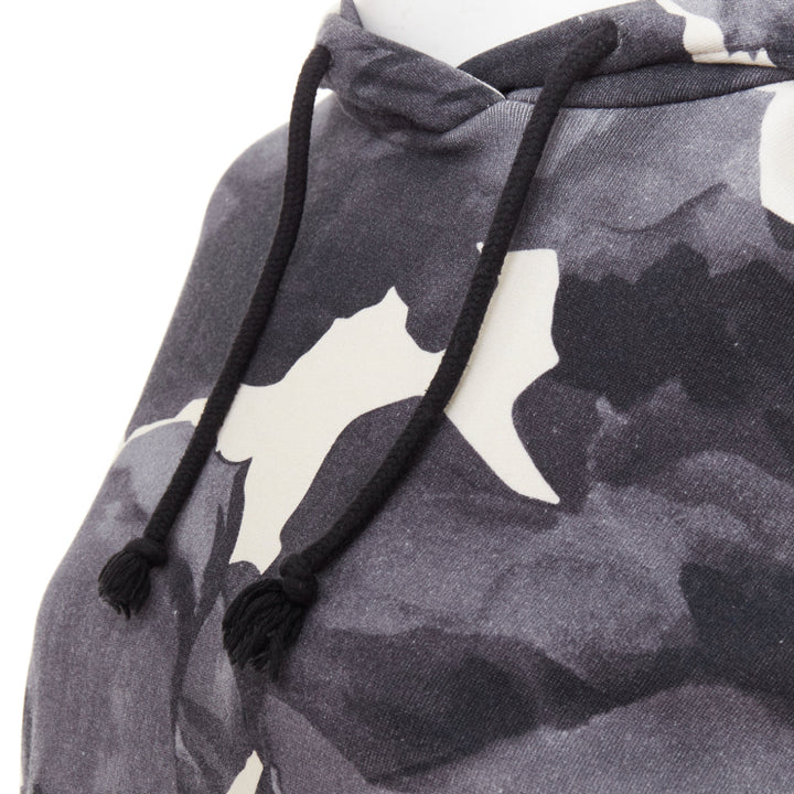 DRIES VAN NOTEN grey ivory cotton abstract rose print black drawstring hoodie S