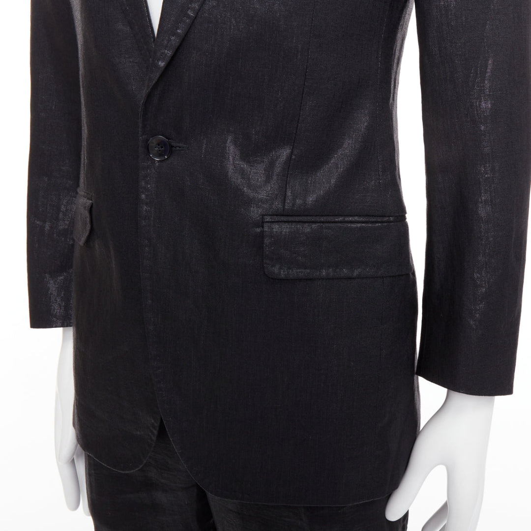 DOLCE GABBANA black linen metallic coated half canvas flap pocket suit IT44 XS