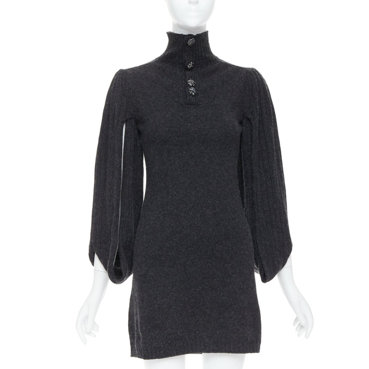 CHANEL 07A charcoal grey CC button loop sleeve sweater dress