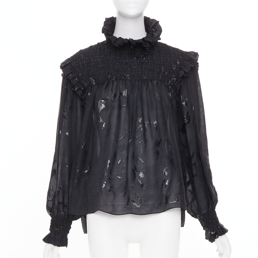SAINT LAURENT 2021 Runway fil coupe metallic lurex silk blend blouse FR 36 S