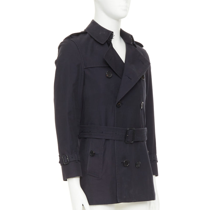 BURBERRY Prorsum 2011 black cotton twill leather trim belted trench coat EU46 S