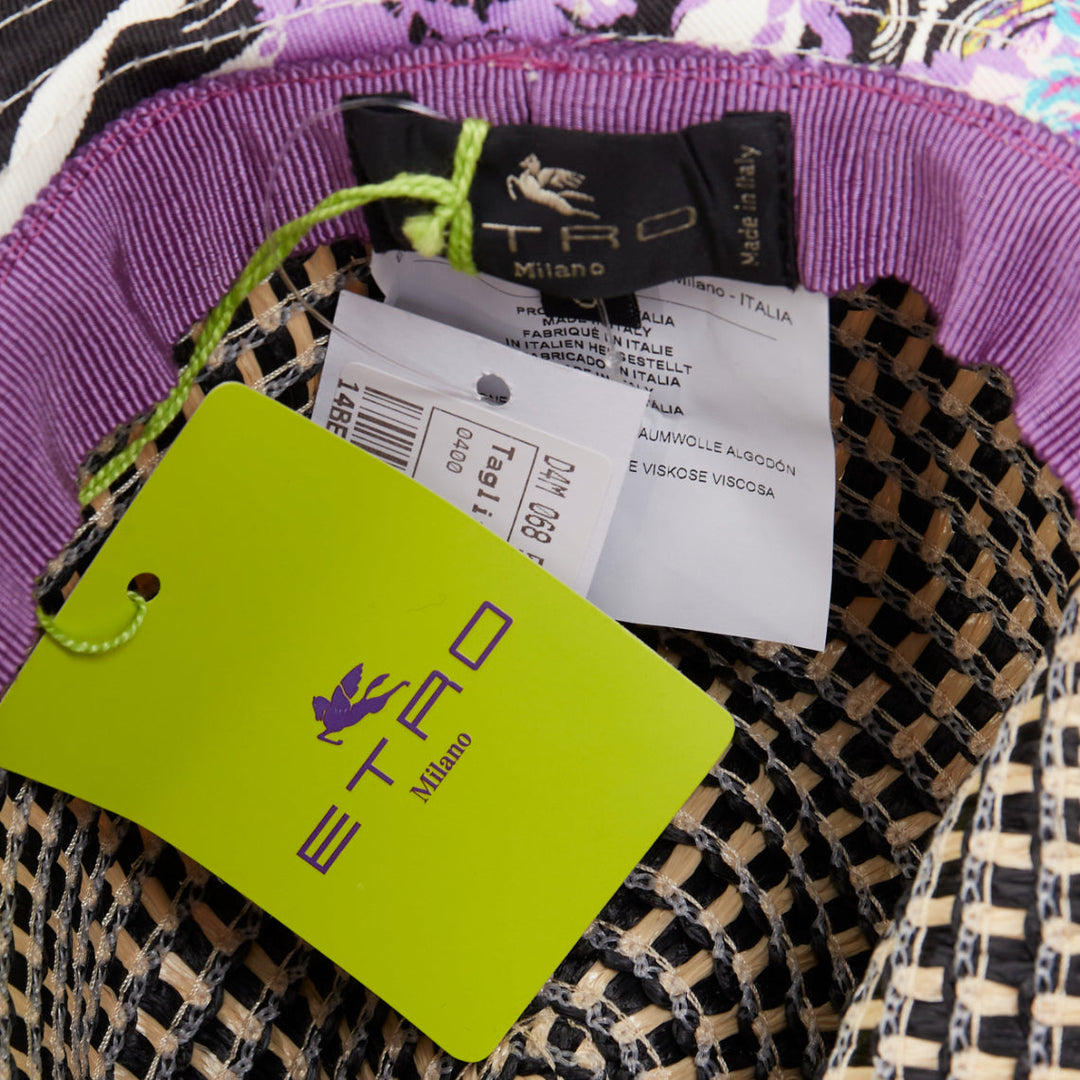ETRO purple cotton blend paisley print beige raffia jute floppy hat S
