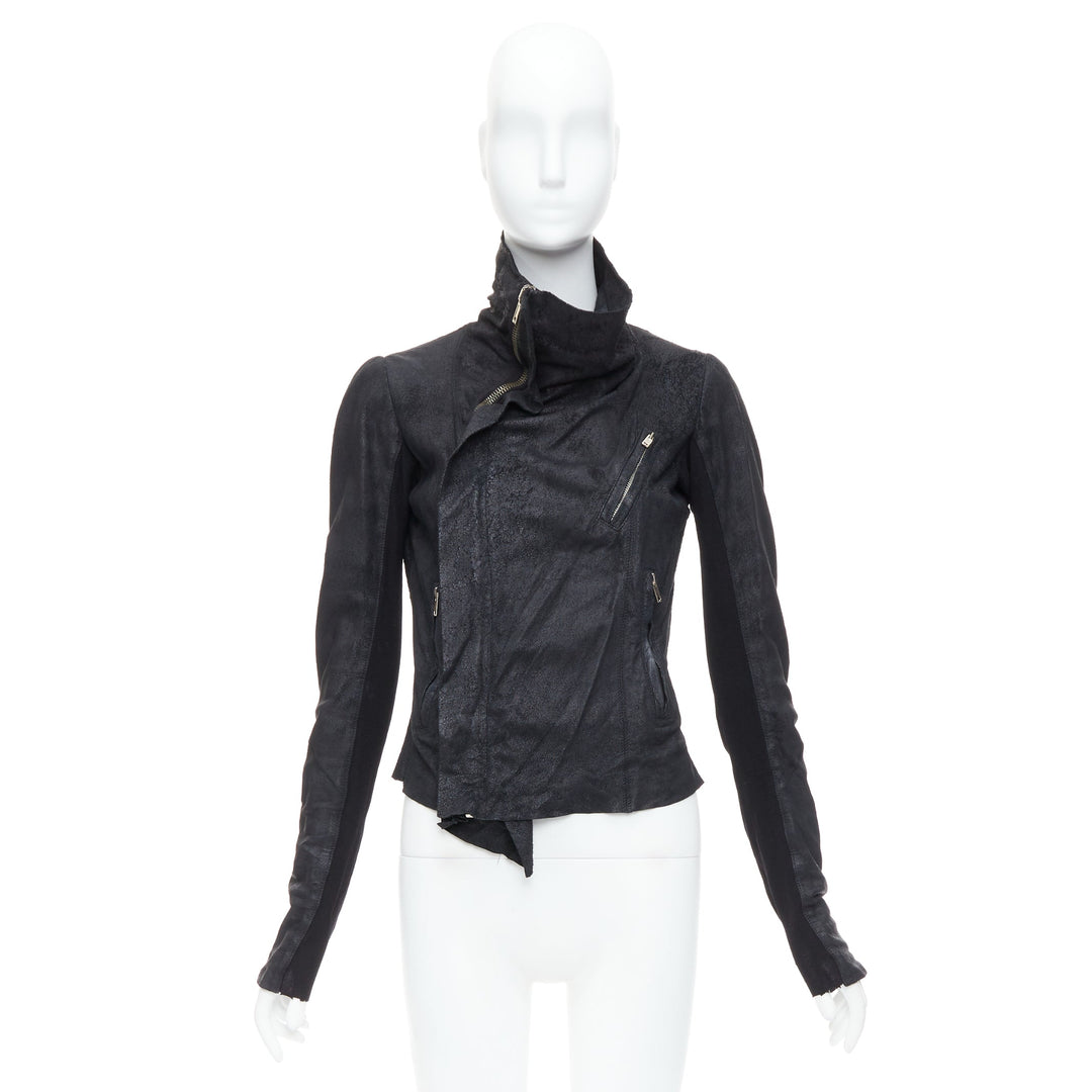 RICK OWENS black lambskin leather wool asymmetric biker jacket IT40 S