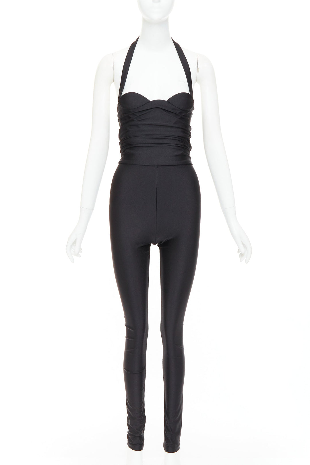 SAINT LAURENT 2022 Runway black halter sweetheart ruched catsuit bodysuit Sz 2 M