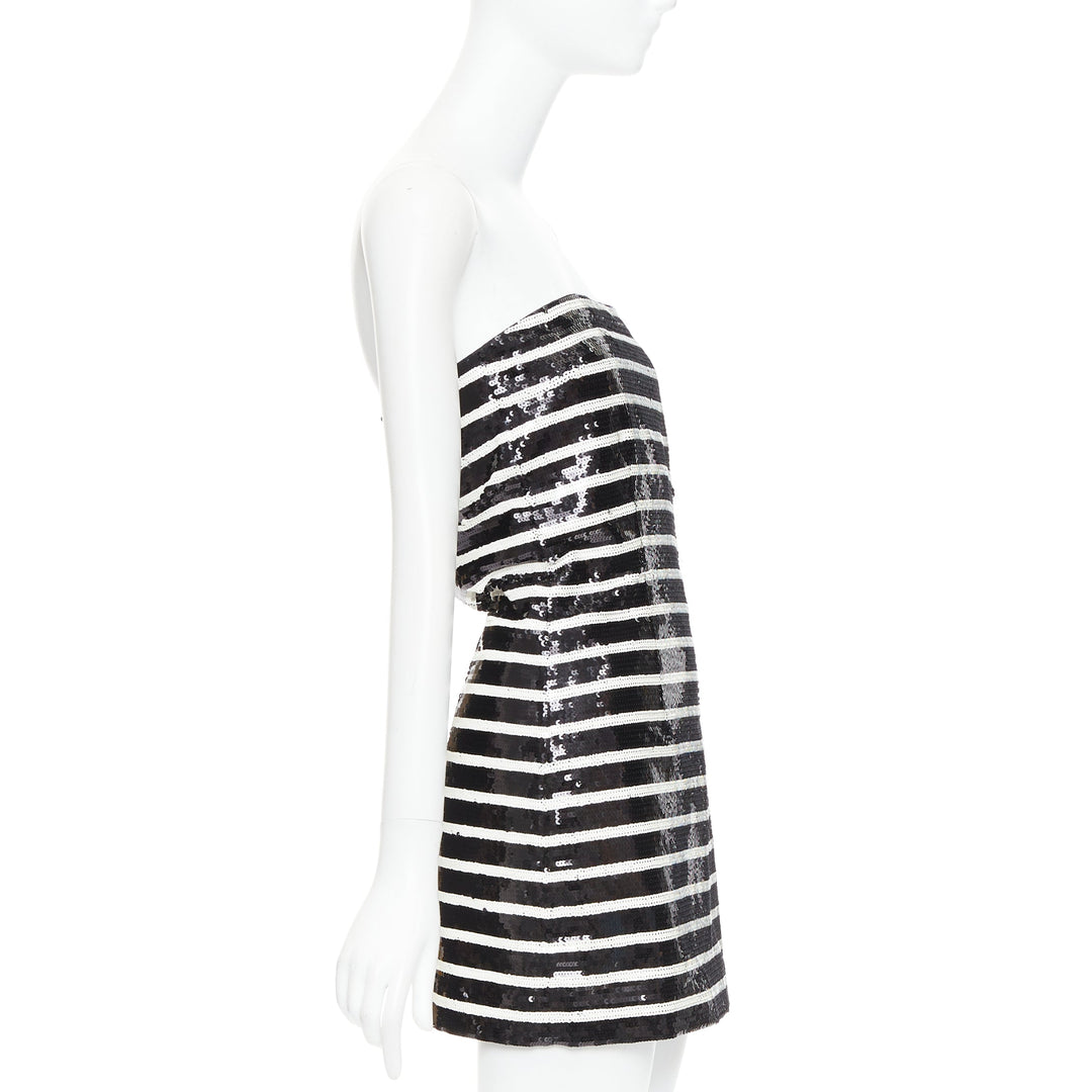 VERONICA BEARD Cala black white striped sequin strapless corseted dress US0 XS