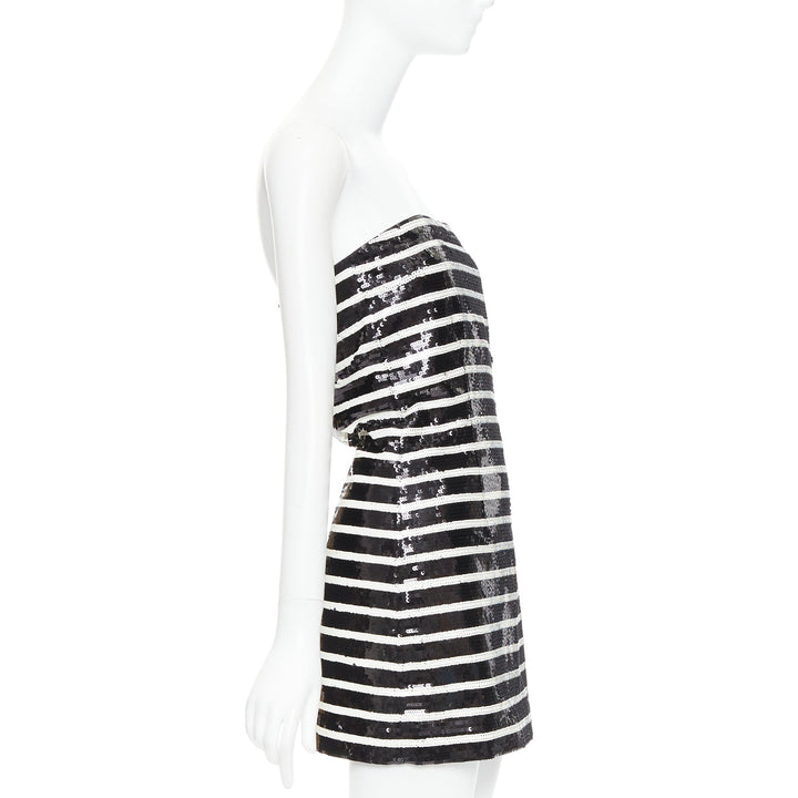 VERONICA BEARD Cala black white striped sequin strapless corseted dress US0 XS