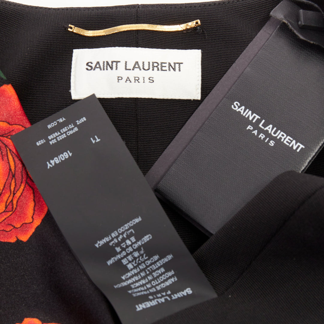 SAINT LAURENT 2022 Runway twist plunging black red rose floral jersey catsuit S