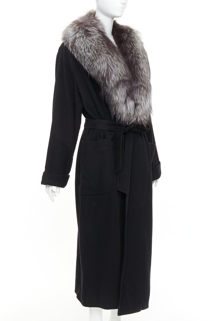 ESCADA Vintage black 100% cashmere brown fur collar belted long coat IT42 M