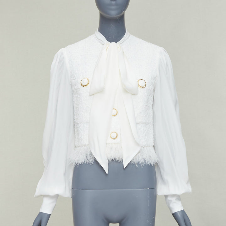 BALMAIN 2024 cream tweed silk sleeves gold lion buttons feather jacket FR36 S