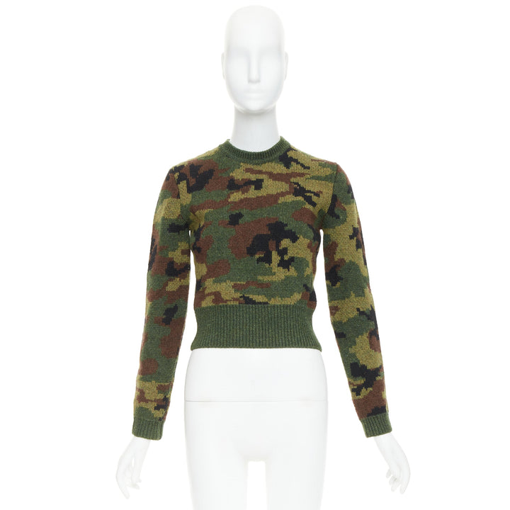 MIU MIU 2019 green brown wool camouflage cropped sweater pullover IT36 XXS