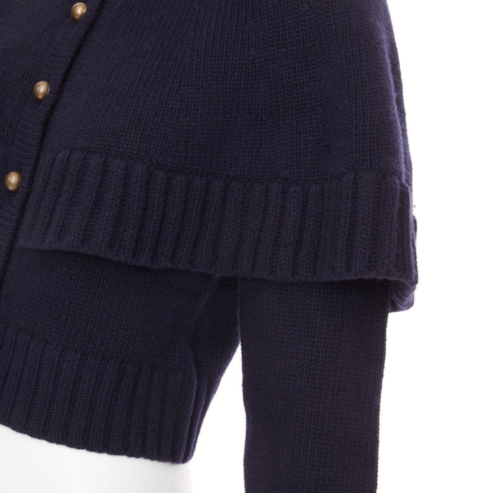 CHLOE 2024 Runway navy wool cashmere bronze globe buttons cape cardigan XS