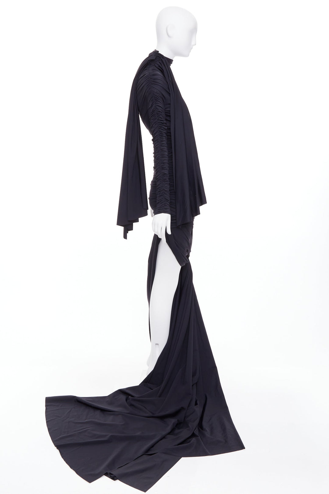 BALENCIAGA Demna 2021 Runway black gathered knot draped long train gown FR36 S