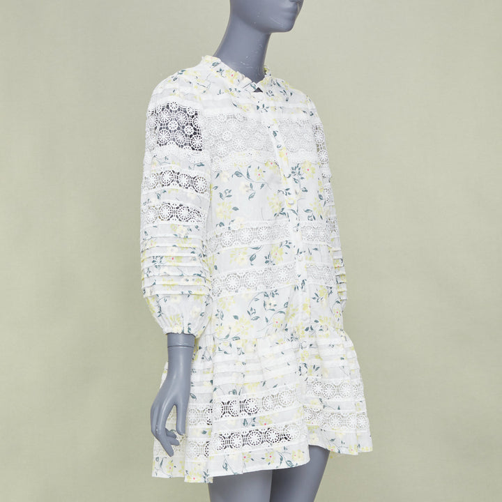 EN SAISON yellow multi floral printed eyelet lace tiered mini dress S