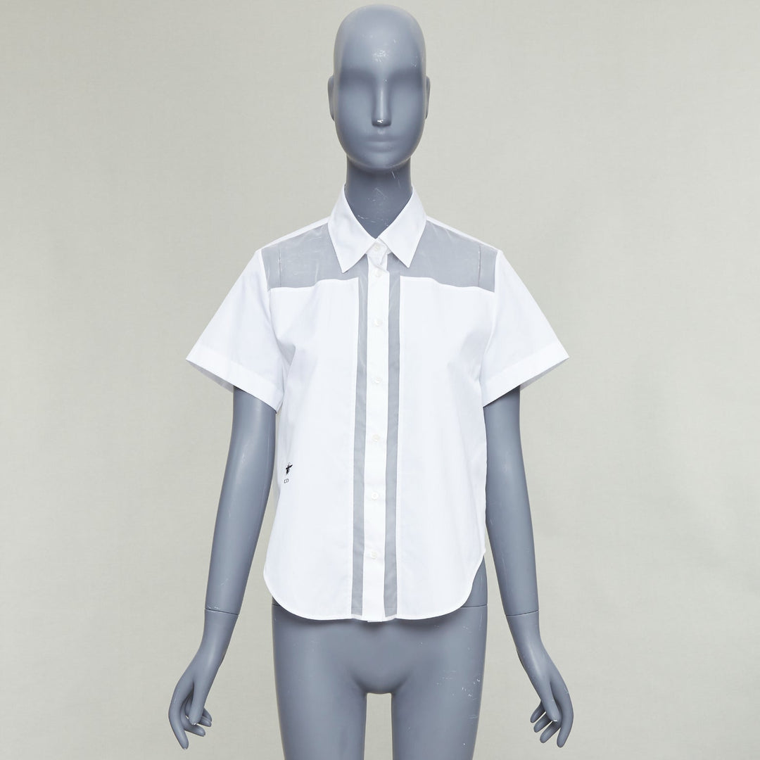 CHRISTIAN DIOR 100% silk white cotton trim sheer panel logo shirt FR34 XS