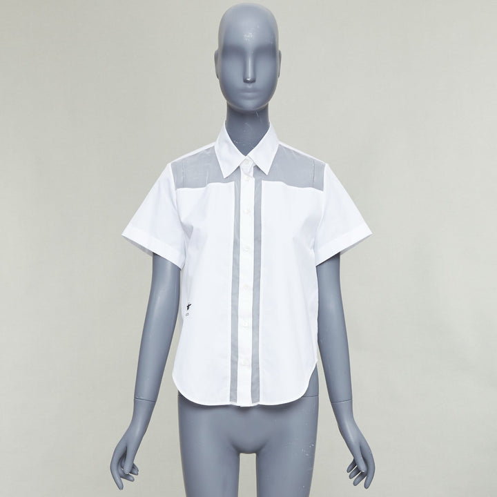 CHRISTIAN DIOR 100% silk white cotton trim sheer panel logo shirt FR34 XS