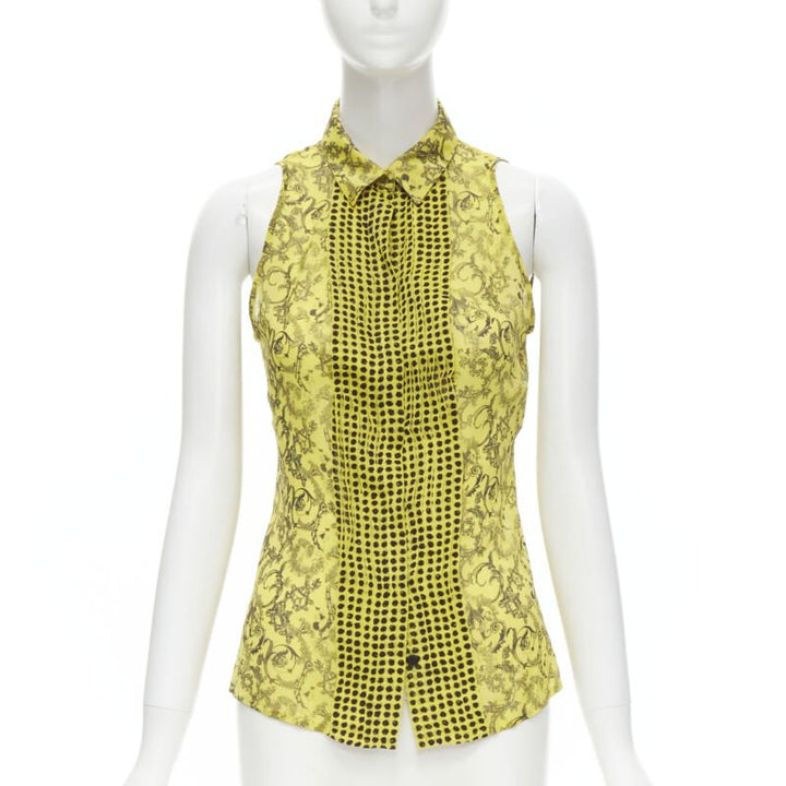 VERSACE yellow silk Baroque print dot pleated collar sleeveless shirt IT40 S