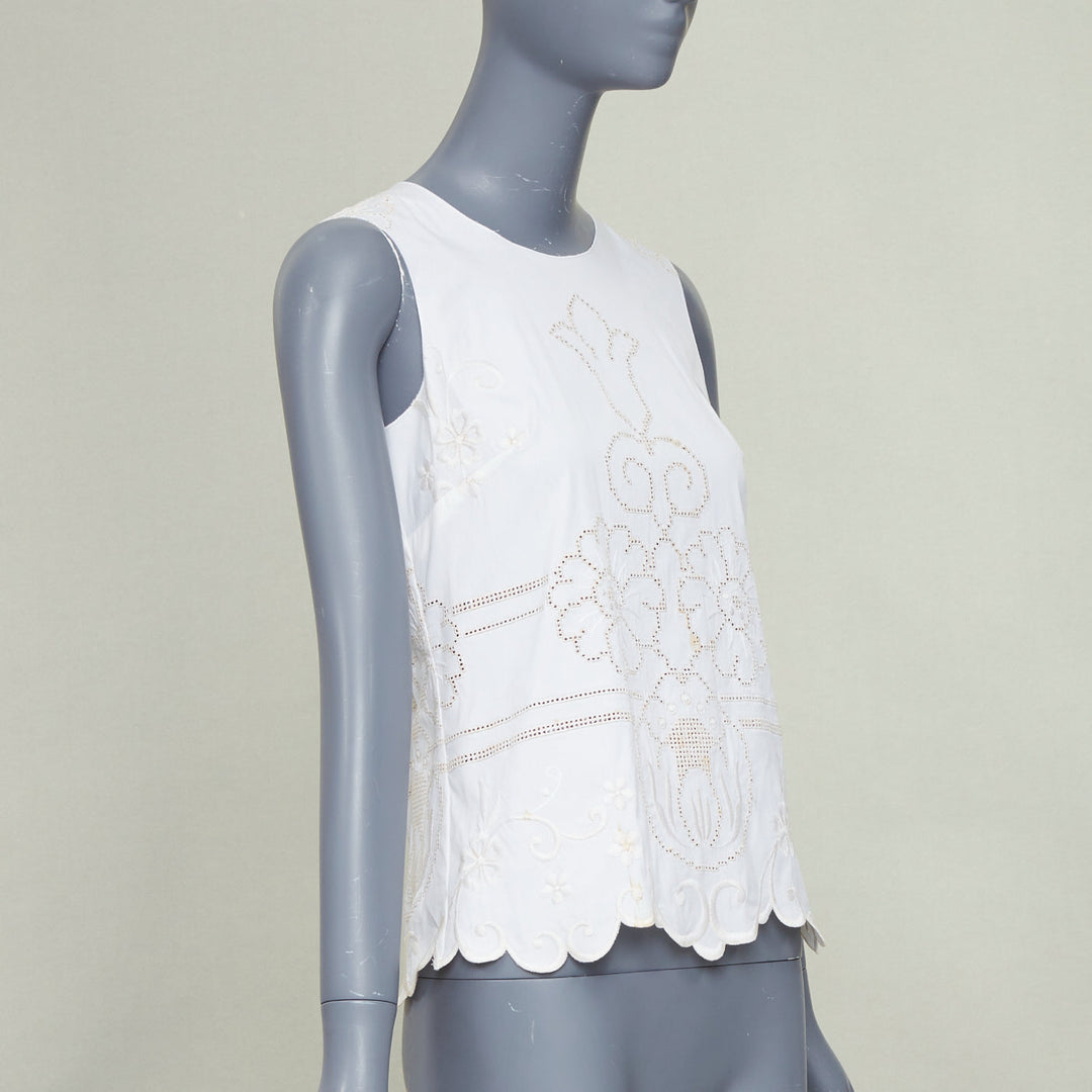 DOLCE GABBANA white cotton floral embroidered openwork scallop tank top IT38 XS
