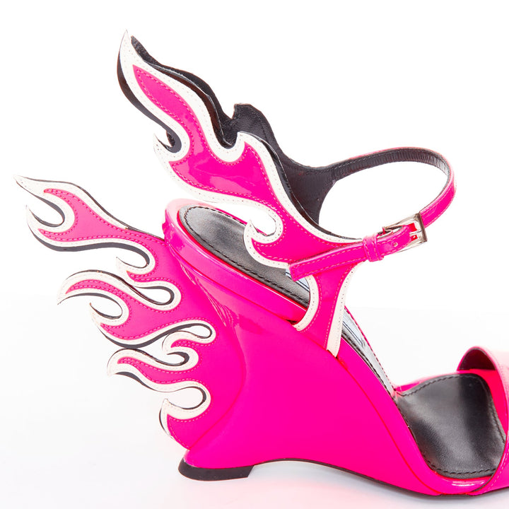 rare PRADA 2018 Flame Wedge neon pink patent Fire heel sandal EU37