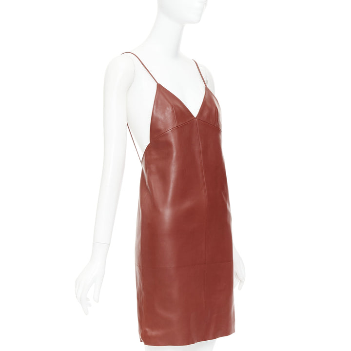 SAINT LAURENT 2024 Goji burgundy lambskin plunge low cut back slip dress FR34 XS