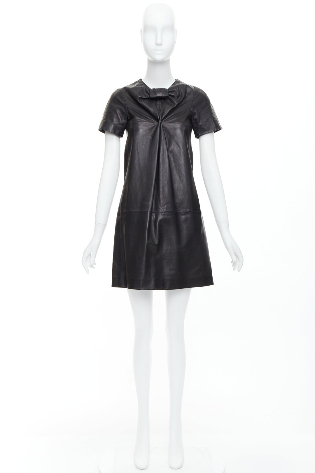 CESARE FABBRI black bow leather silk lined short sleeve dress IT40 S