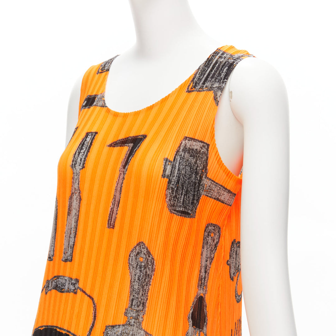 rare ISSEY MIYAKE Pleats Please 2003 orange tools print plisse dress JP17 S