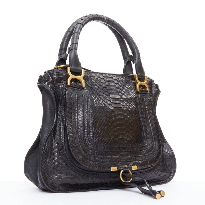 CHLOE Marcie black scaled leather gold hardware satchel bag