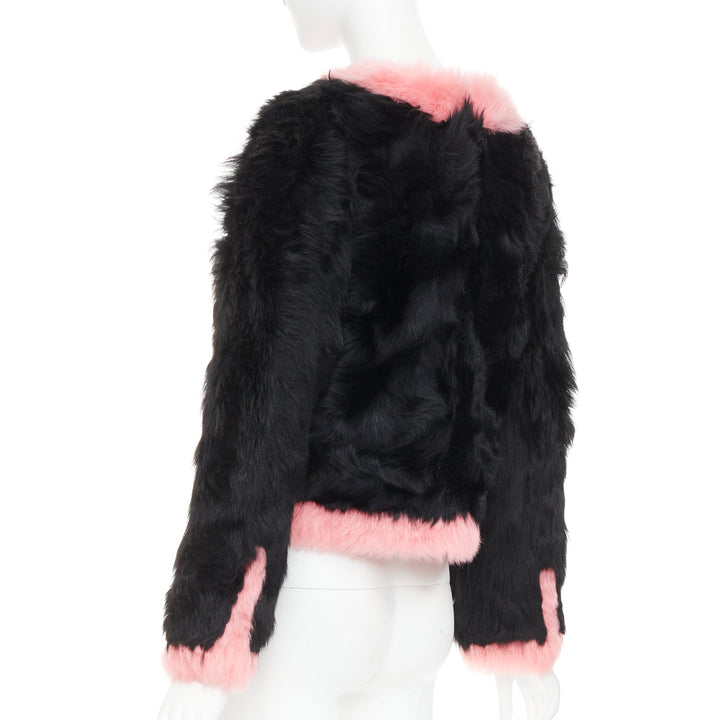 rare CHANEL 21K black pink shearling fur CC crystal button 4 pocket jacket FR36