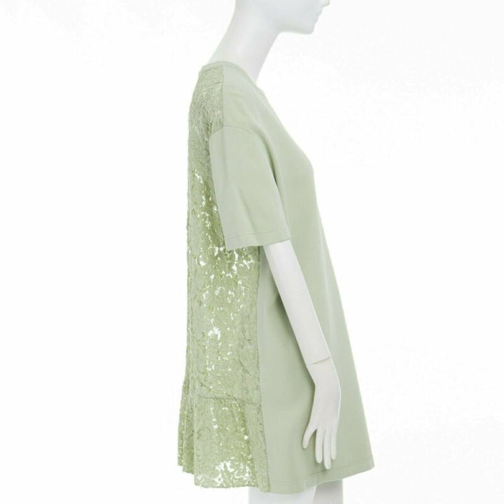 VALENTINO pastel green cotton crepe floral lace pleated back mini dress L