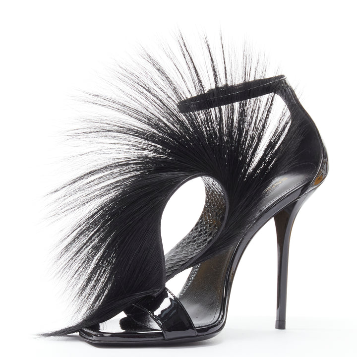 SAINT LAURENT Jamie 110 Runway black fur mohawk patent sandals EU37.5