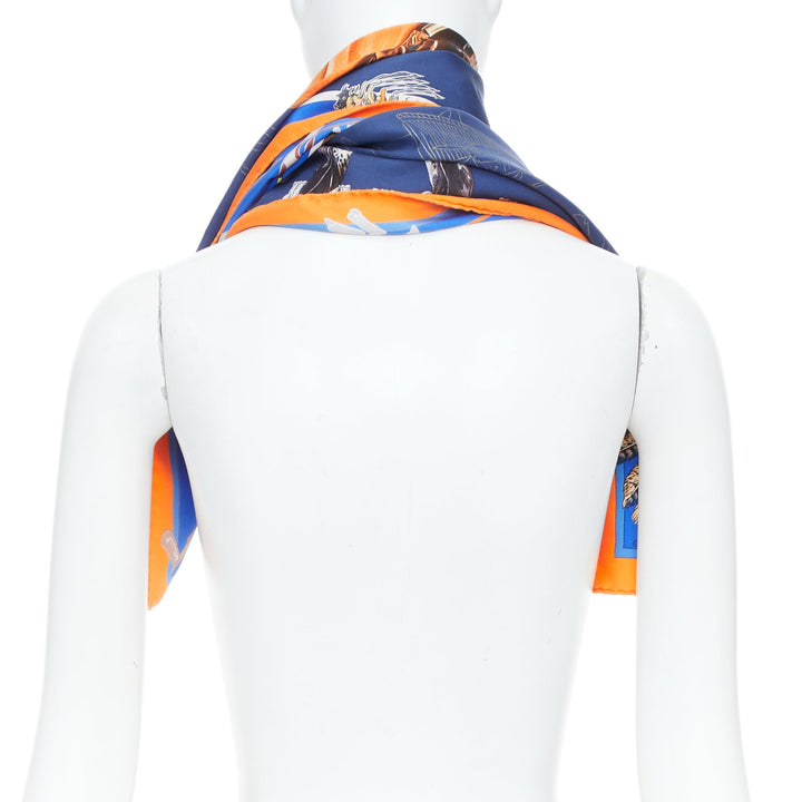 HERMES Pani La Shar Pawnee 90 Silk Twill orange royal blue square scarf