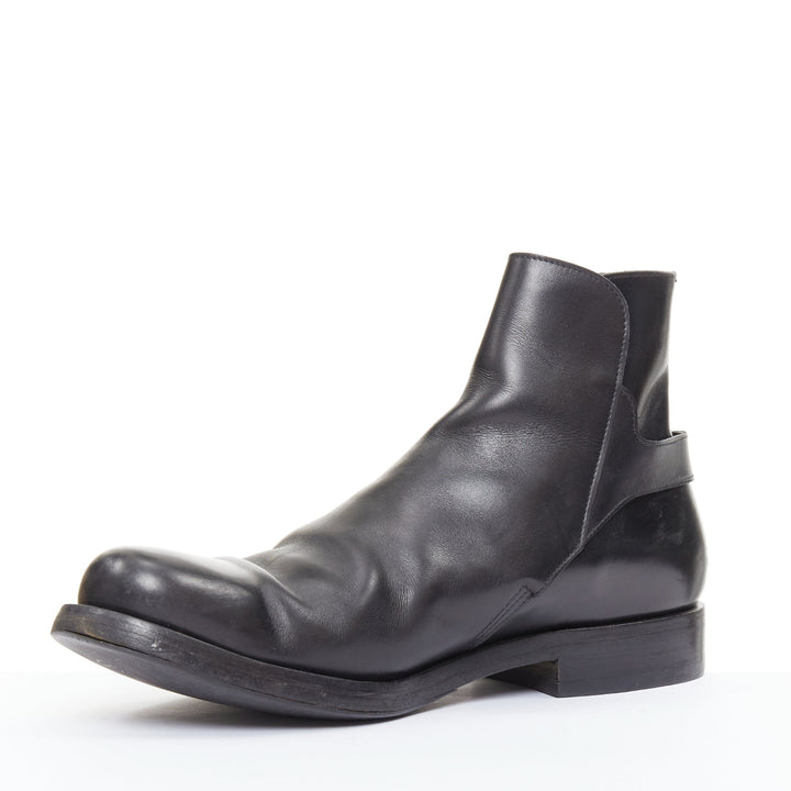 PRADA black calfskin silver rear buckle overlap round  ankle boots UK9.5 EU43.5