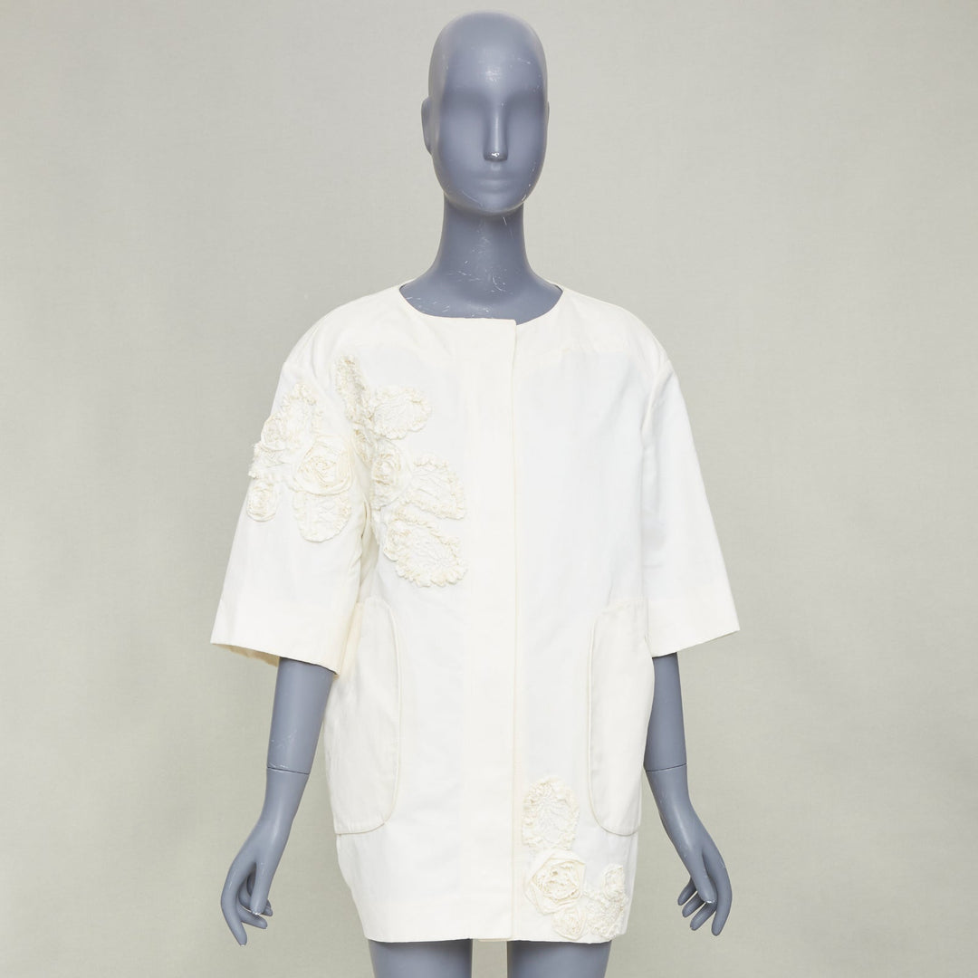 NINA RICCI 2012 ivory white floral rose applique half sleeve button coat M