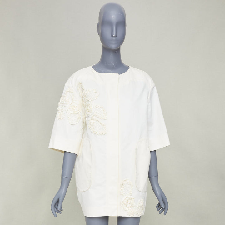 NINA RICCI 2012 ivory white floral rose applique half sleeve button coat M