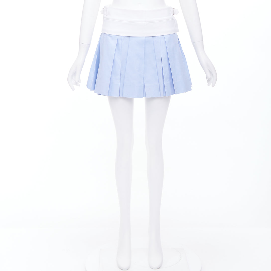 ALEXANDER WANG blue pleated white waistband silver buckle mini skirt US2 S