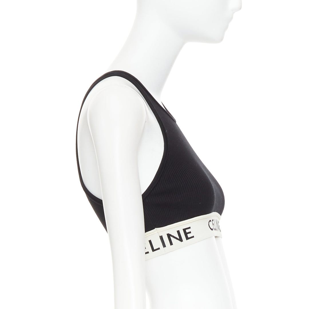 CELINE black cotton blend cream ribbed logo round neck bra top S Lisa Blackpink