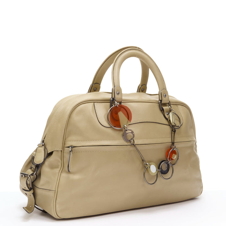 MARNI tan brown leather resin metal chain large weekend bowling boston bag