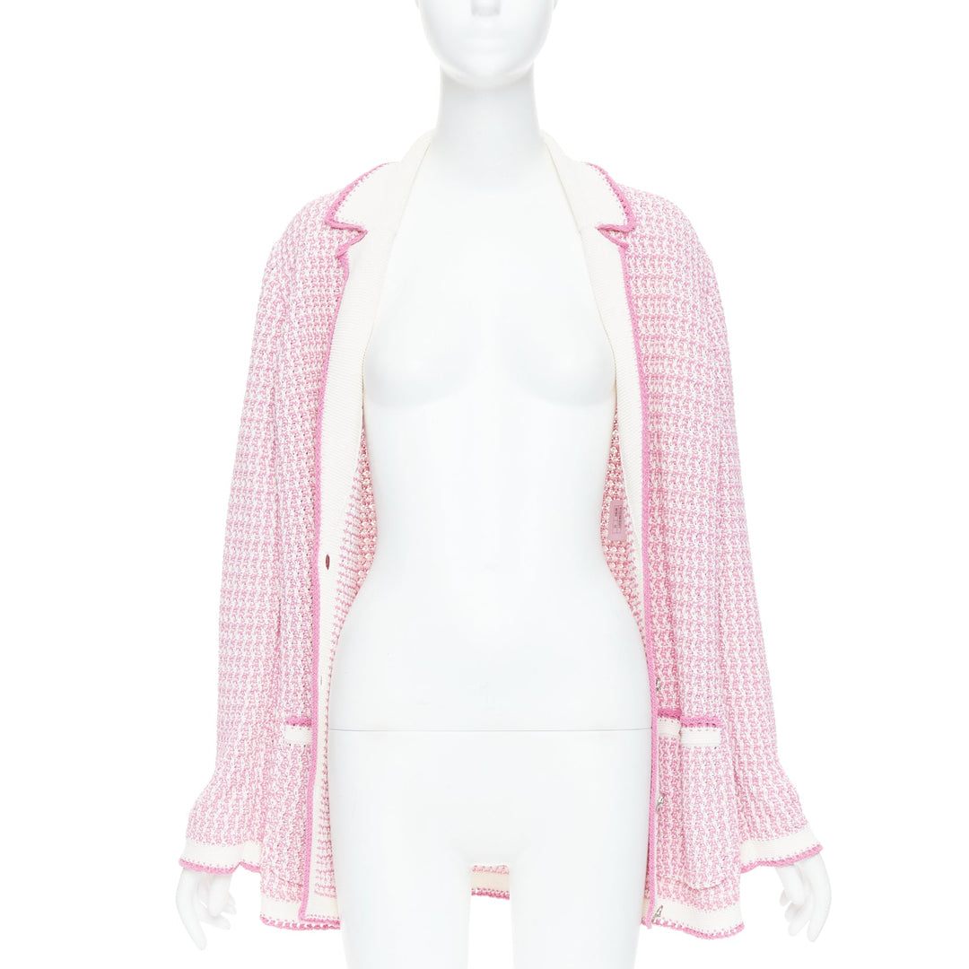 CHANEL 2022 pink white tweed metallic buttons long knit cardigan FR42 XL