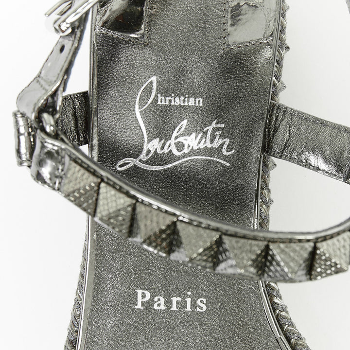 CHRISTIAN LOUBOUTIN Pyraclou 60 Anthracite silver studded espadrille sandal EU37