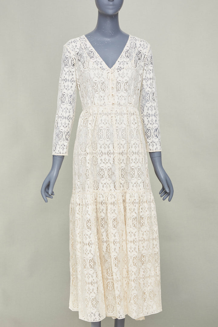 CELINE 2021 Bridal Triomphe button V neck embroidered lace maxi dress FR34 XS